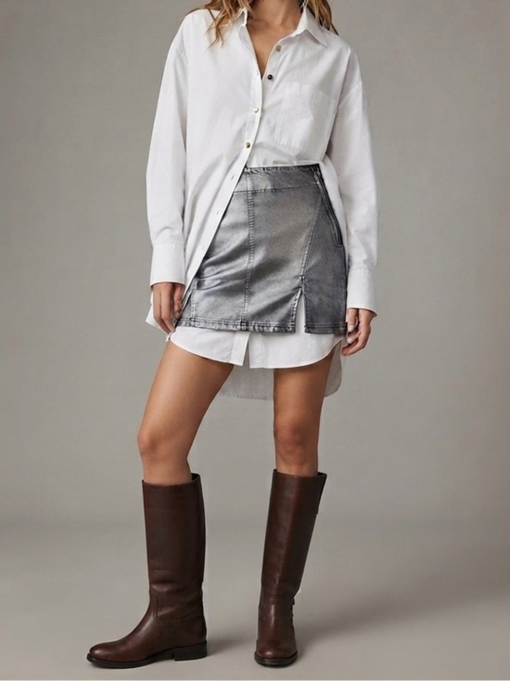 New Free People Highrise Metallic Silver Faux Leather Mini Skirt Size 2